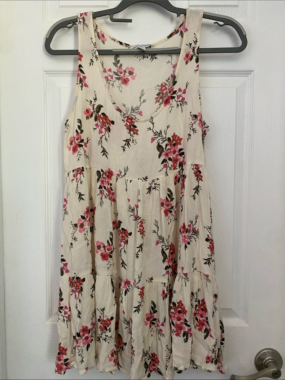 American Eagle Outfitters Ivory Floral Tiered Tank Dress with Pink Blossoms